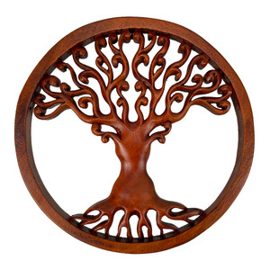 Hand Carved Mahogany Tree Of Life Wood Wall Plaque - 11.5 Inch Diameter Main image