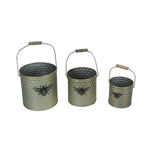 Set of 3 Galvanized Metal Honeycomb Textured and Bumblebee Nesting Buckets Main image