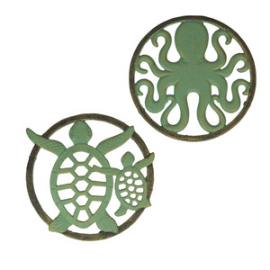 Cast Iron Trivet Set: Nautical Octopus & Sea Turtle Design, Verdigris Finish Main image