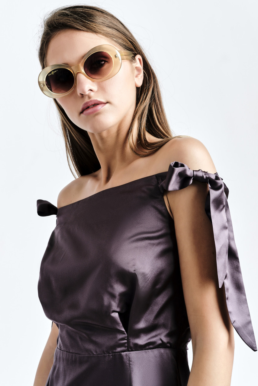 SANZIENE Dress (Plum Silk-blend Midi Dress with Asymmetric Ruffled Hem) SANZIENE Dress (Plum Silk-blend Midi Dress with Asymmetric Ruffled Hem)