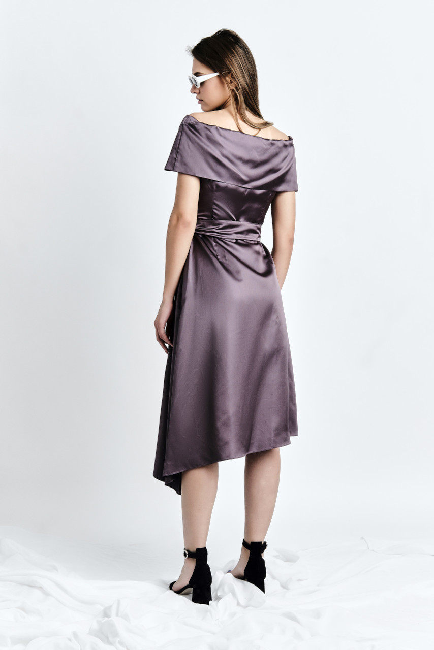 DALBA Dress (Plum Cape-effect Silk-blend Midi Dress with Asymmetric Hem)