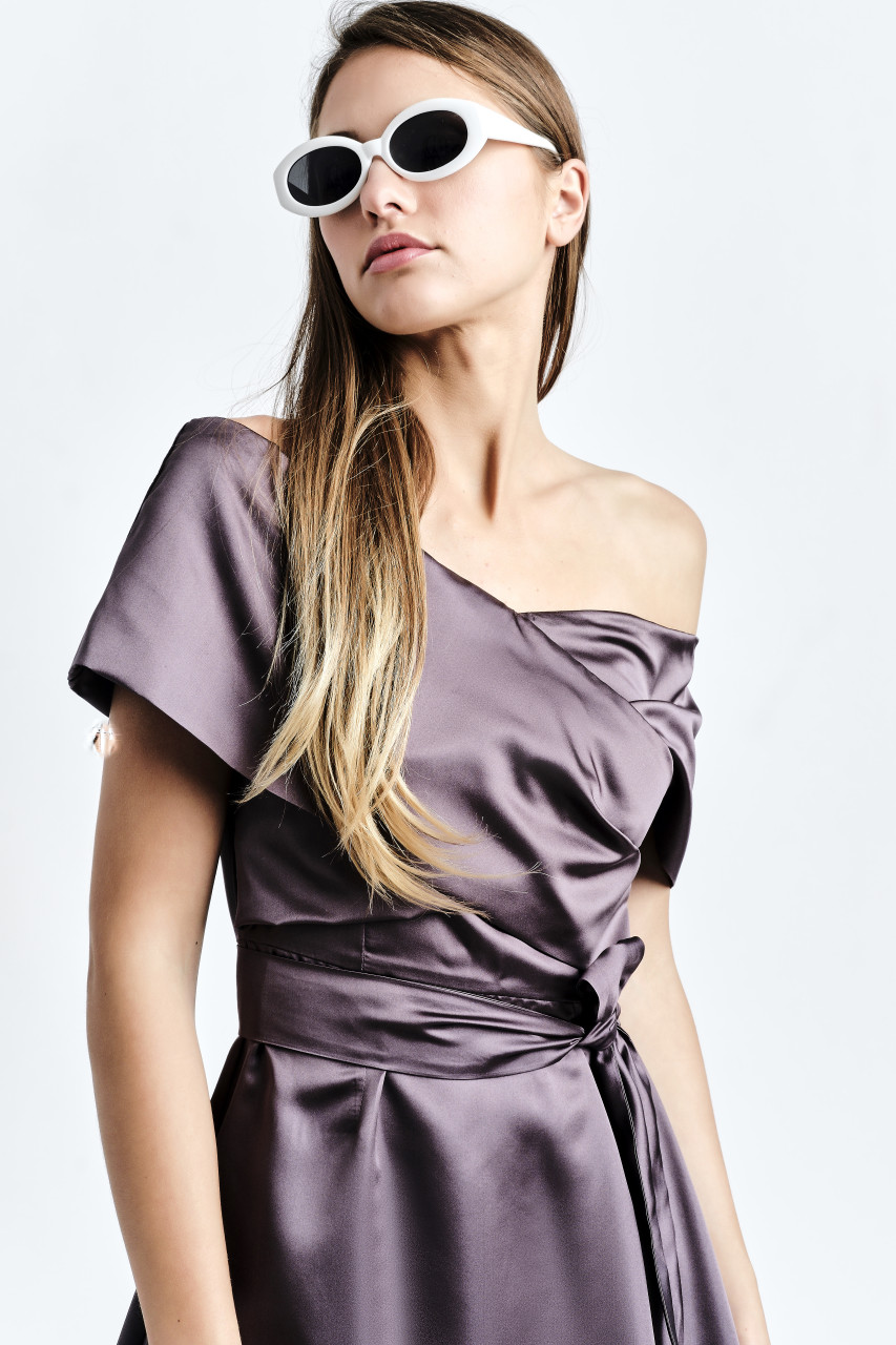 DALBA Dress (Plum Cape-effect Silk-blend Midi Dress with Asymmetric Hem) DALBA Dress (Plum Cape-effect Silk-blend Midi Dress with Asymmetric Hem)
