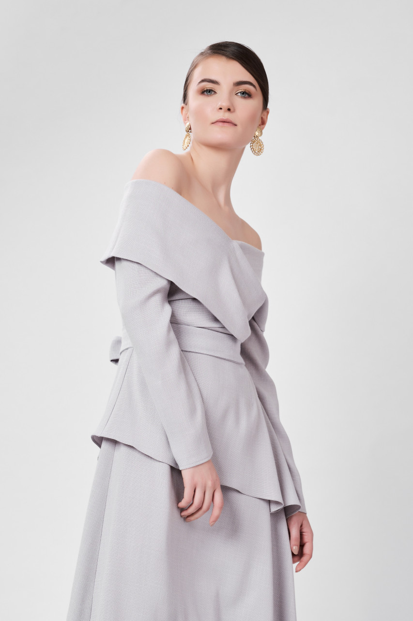 TRIANGLE Light Grey Dress (Cape-effect Asymmetric Midi Dress) - DALB