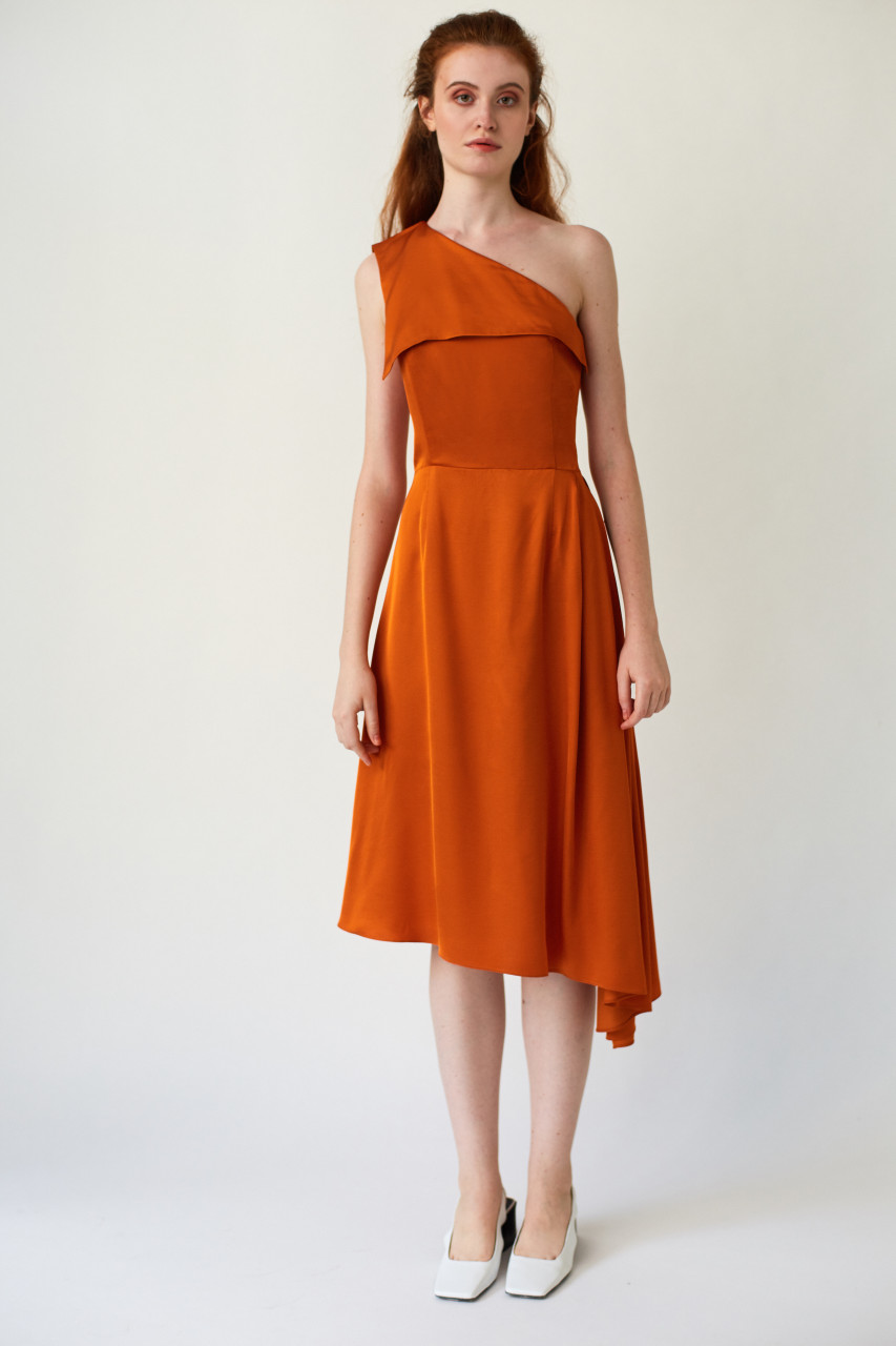 MIRAGE One-Shoulder Orange Midi Dress with Side Pleat MIRAGE One-Shoulder Orange Midi Dress with Side Pleat