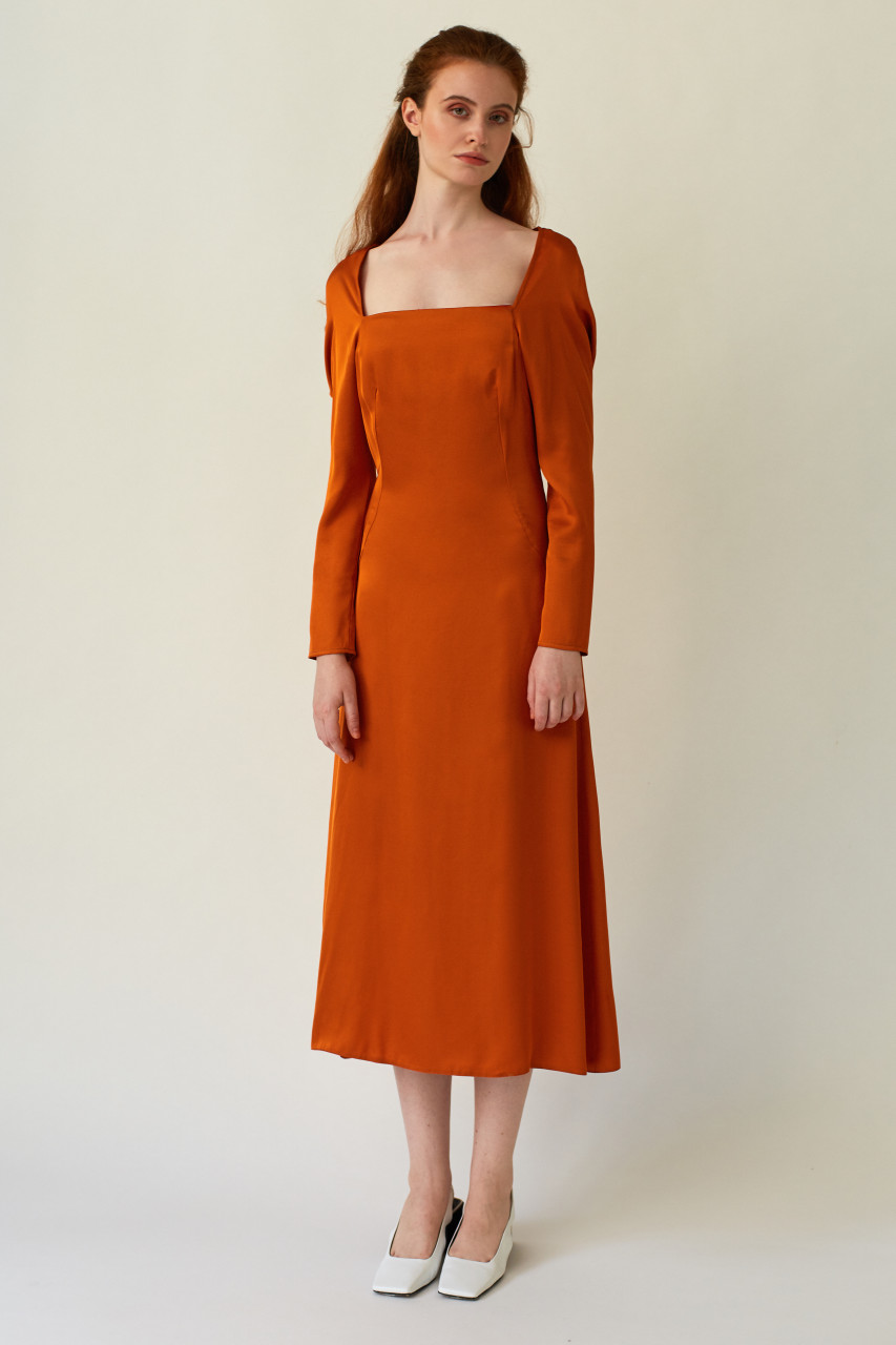 CELESTIAL Orange Midi Dress with Back Pleats