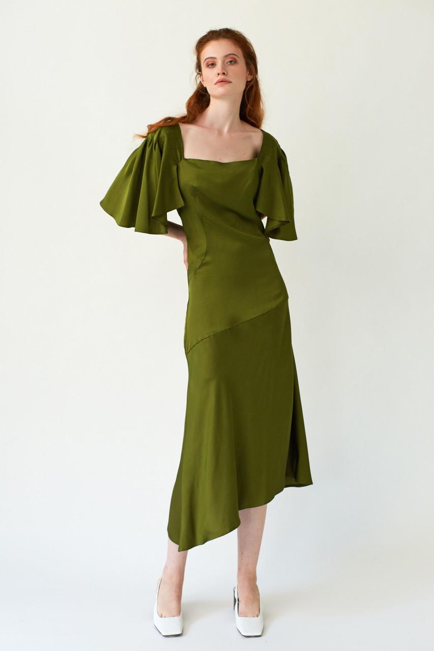 PHOENIX Pesto Midi Dress with Pleated 