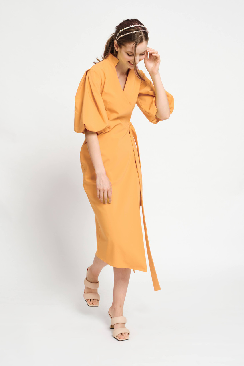 FAITH Orange Wrap Dress with Puffy Sleeves