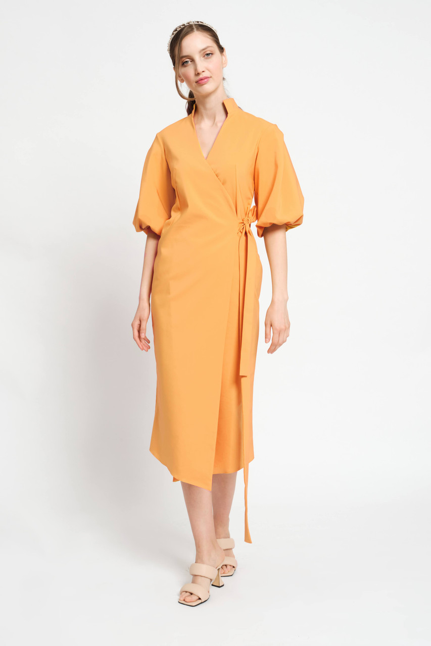 FAITH Orange Wrap Dress with Puffy Sleeves