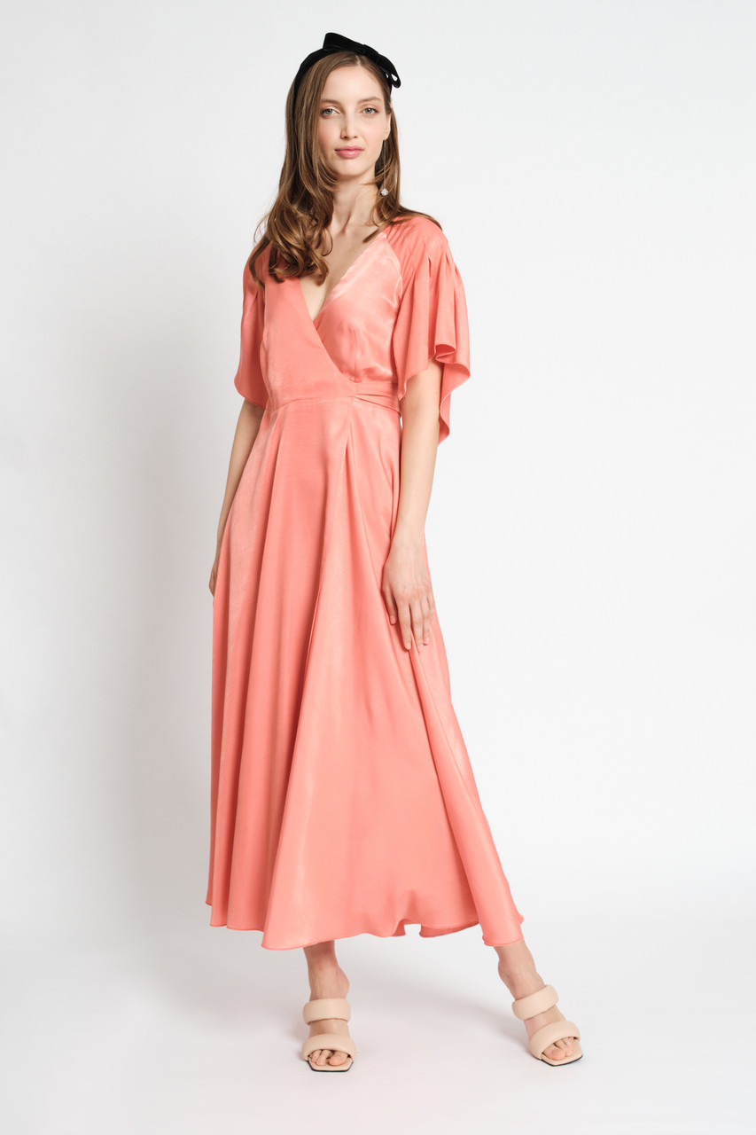UTOPIA Light-Coral Maxi Wrap Dress with Pleated Sleeves