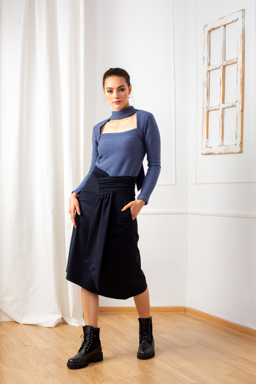 The SHOOTING STAR Asymmetric Skirt with Apparent Waist Tie in Dark Blue