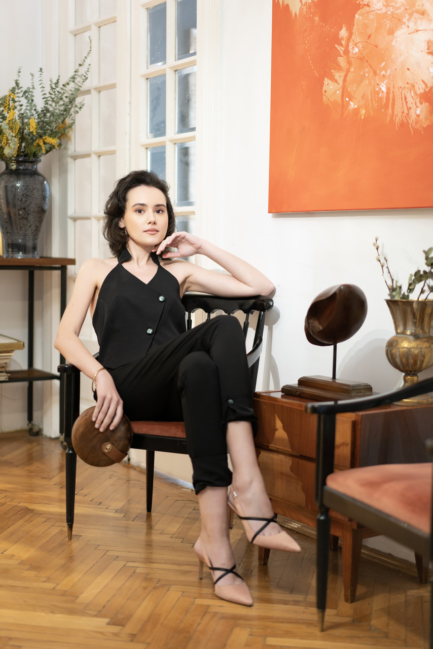 BELLE Halterneck Textured-Viscose Vest in Black