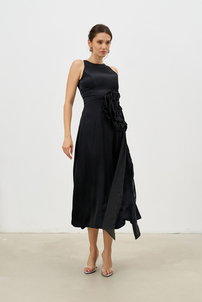 IN-BLOOM Midi Dress with Hand-Made Voile Roses in Black