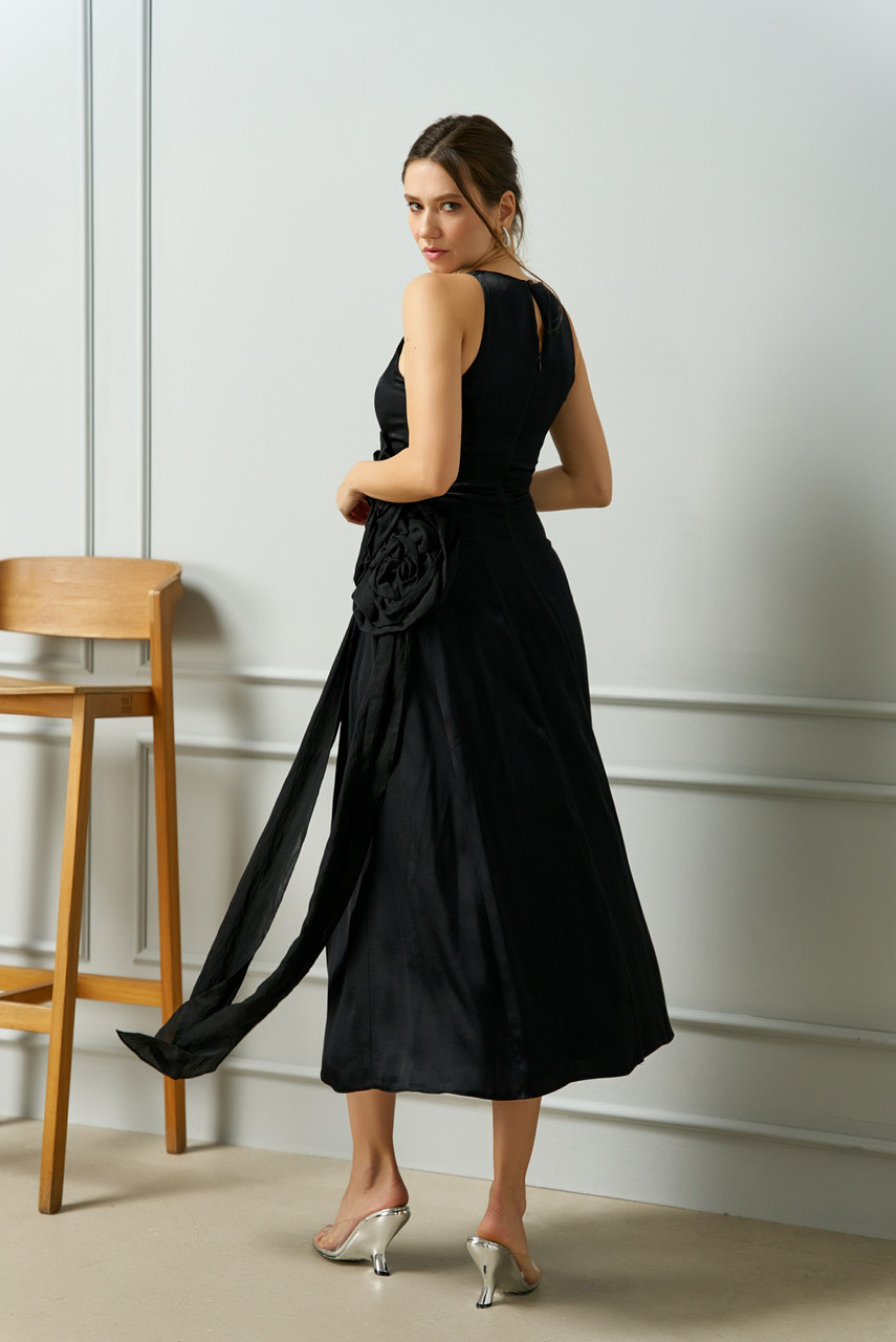 IN-BLOOM Midi Dress with Hand-Made Voile Roses in Black