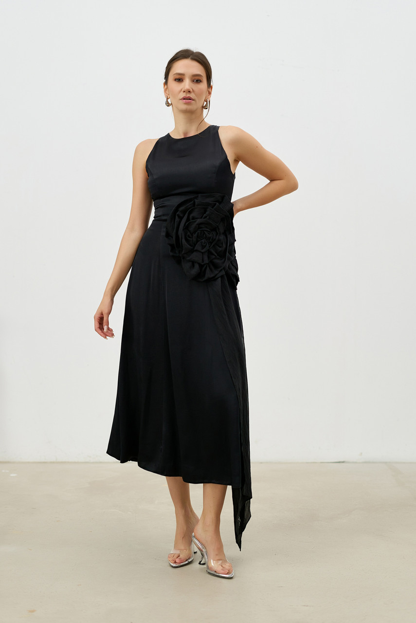 IN-BLOOM Midi Dress with Hand-Made Voile Roses in Black