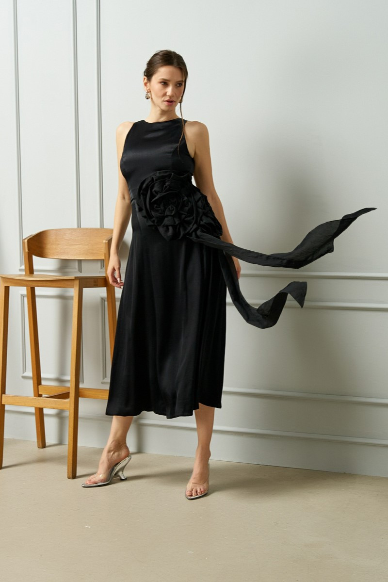 IN-BLOOM Midi Dress with Hand-Made Voile Roses in Black