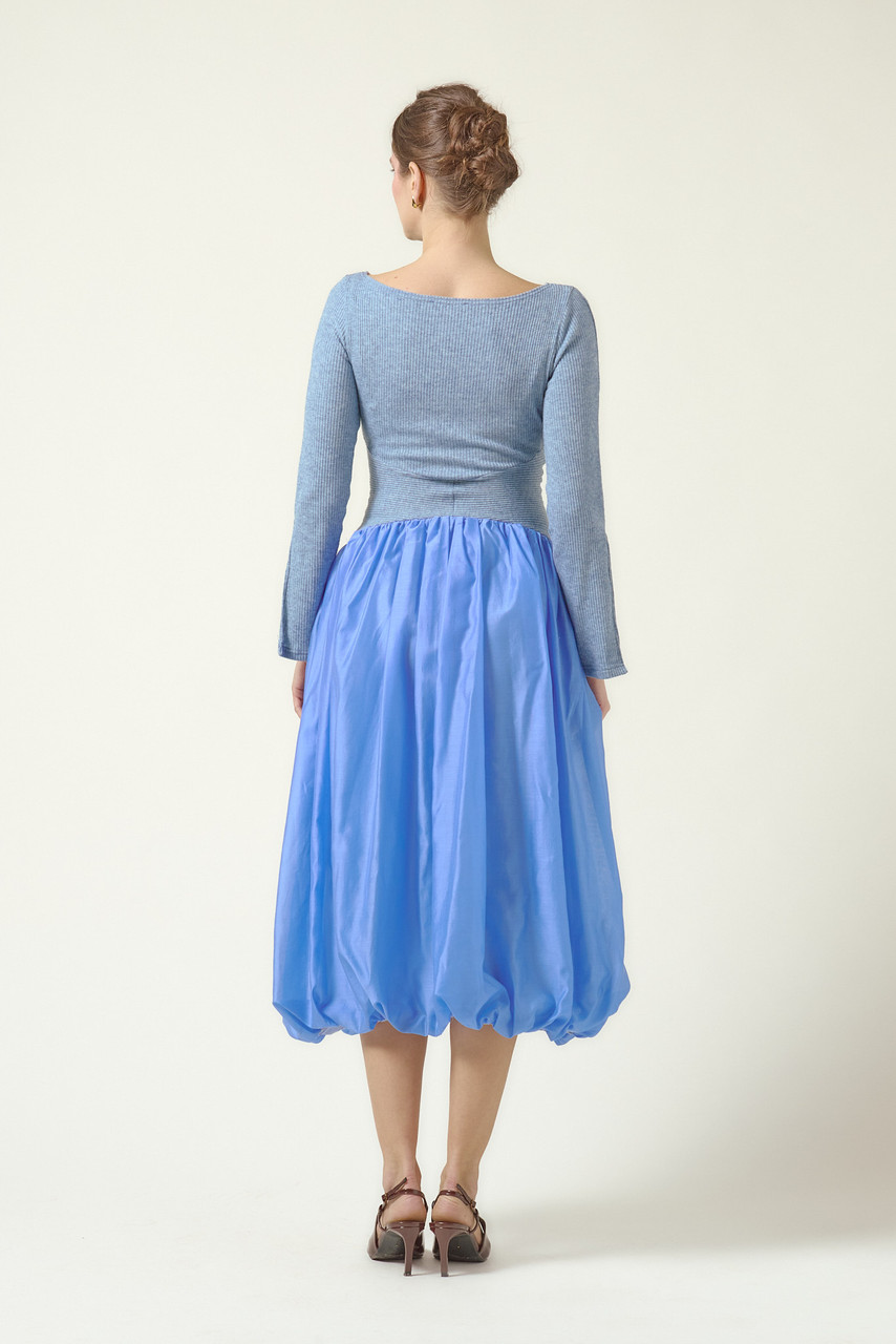 LILIAN Midi Dress with Gathered Voile Skirt in Ciel