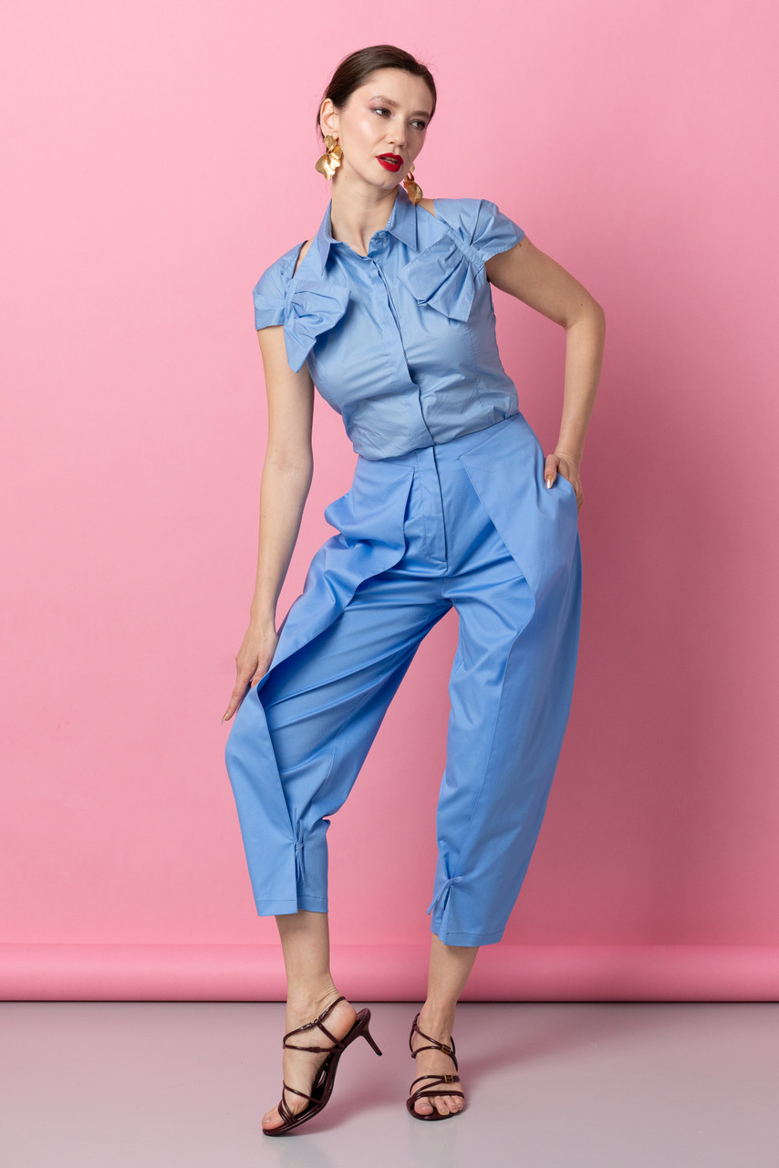 PEEKABOO Wide-Leg Pants with Wrap Detail in Ciel PEEKABOO Wide-Leg Pants with Wrap Detail in Ciel