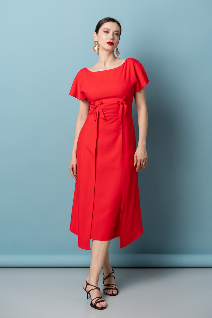 TIANA High Waist Midi Dress with Front Panels & Bows in Red