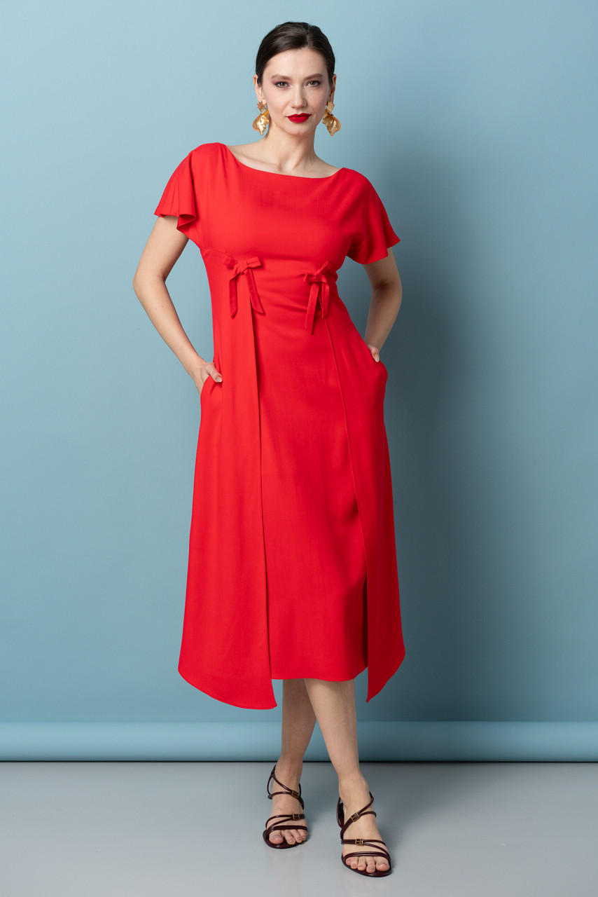 TIANA High Waist Midi Dress with Front Panels & Bows in Red