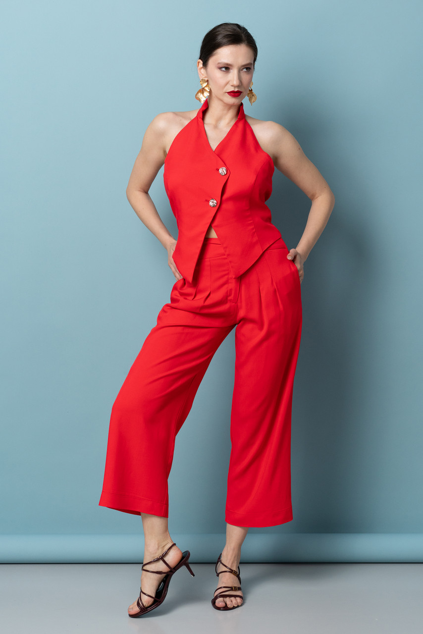POPPY Cropped Trousers with Asymmetric Waist in Red