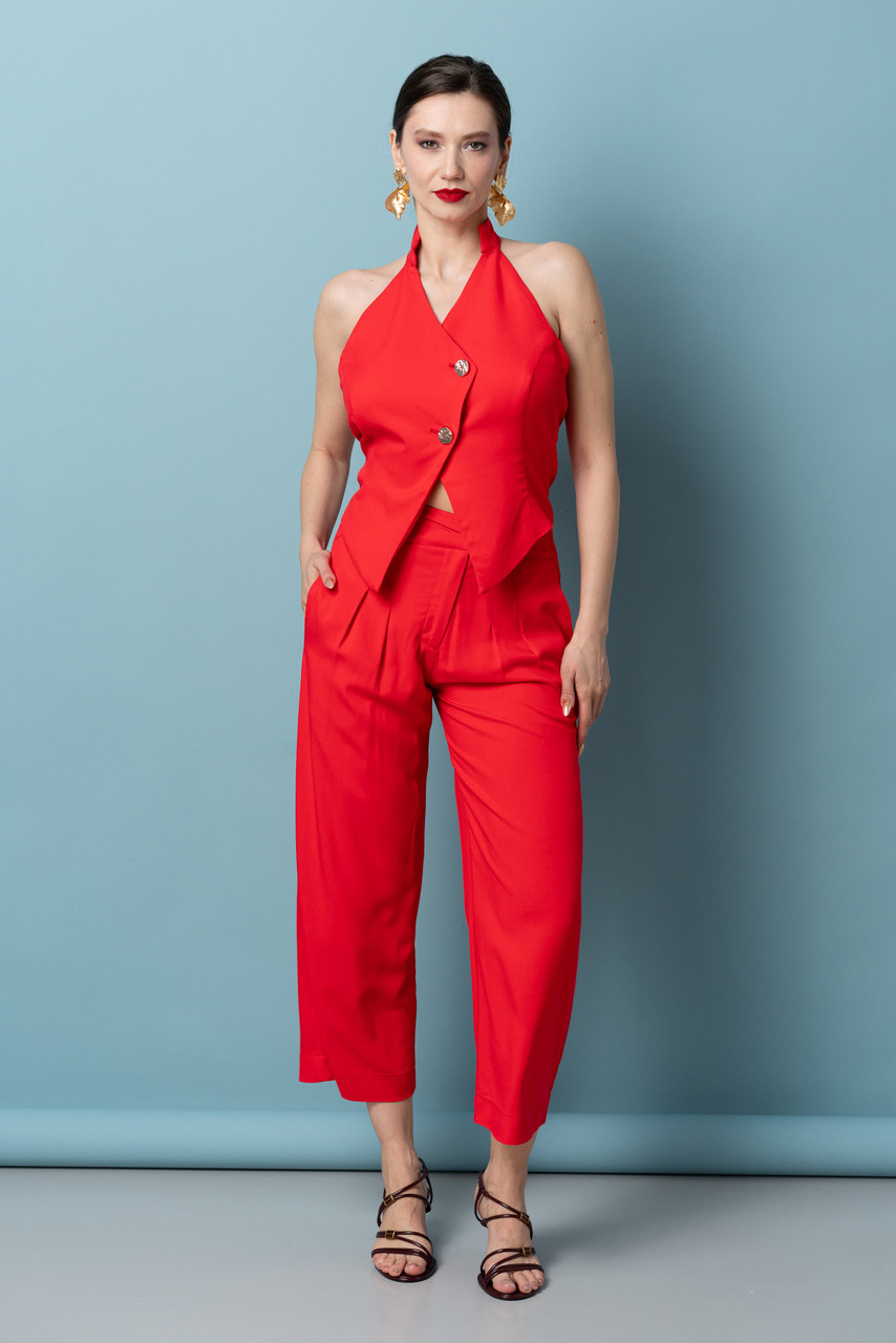 POPPY Cropped Trousers with Asymmetric Waist in Red