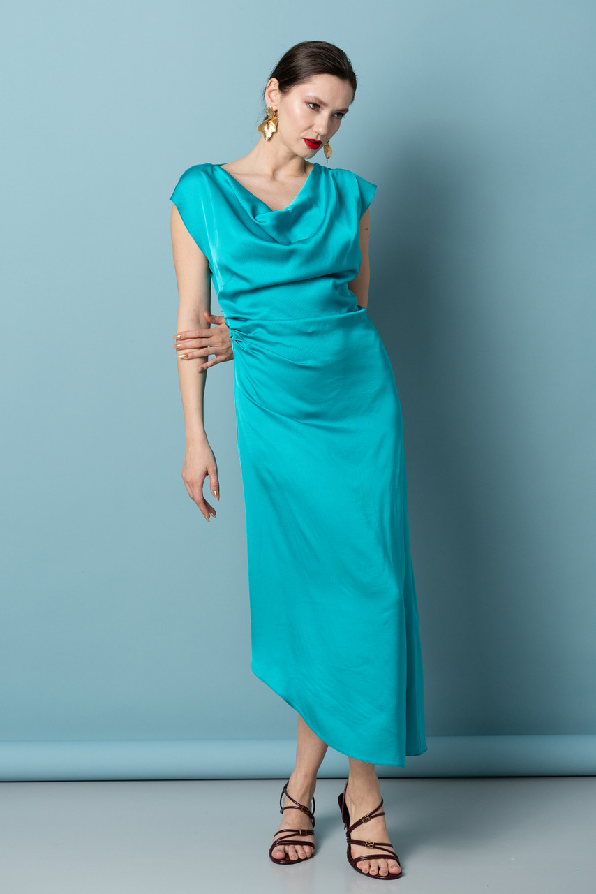 ELIDA Midi Dress in Petrol - Elegant Cowl Neck Viscose Blend