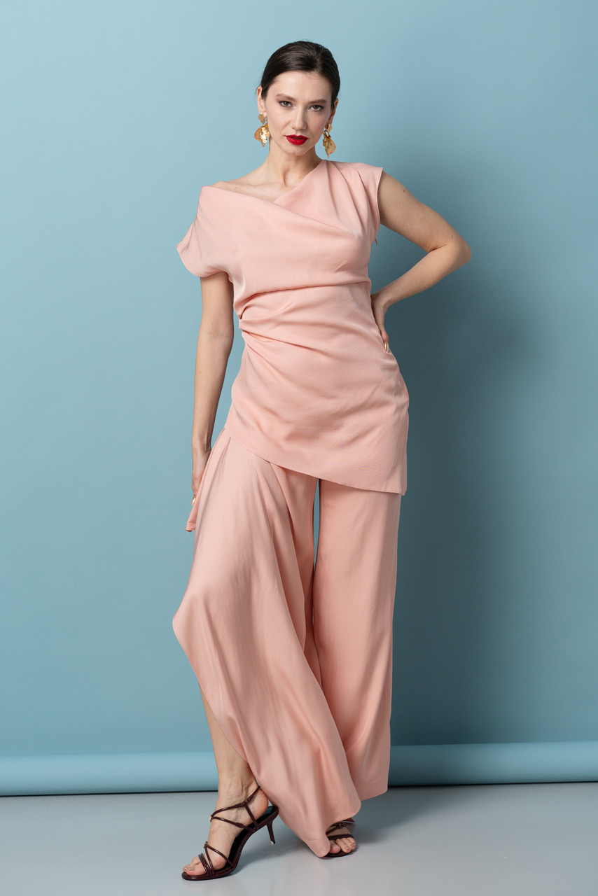 ELIDA Cowl Neck Asymmetric Top in Powder Pink