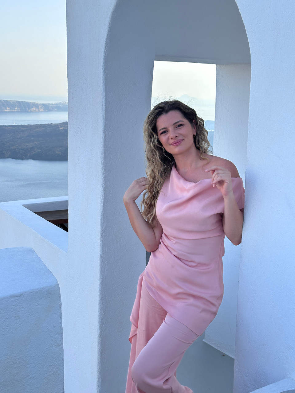 ELIDA Cowl Neck Asymmetric Top in Powder Pink