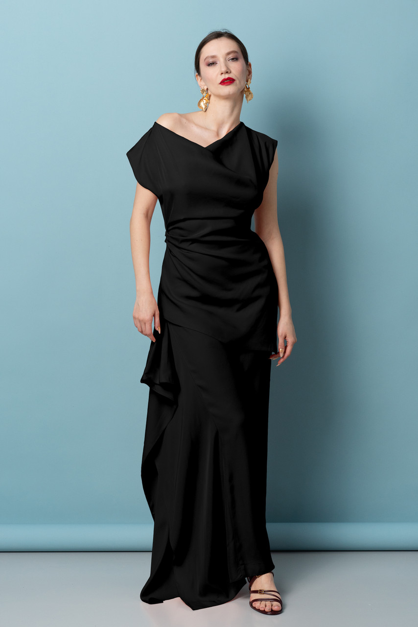 ELIDA Cowl Neck Asymmetric Top in Black