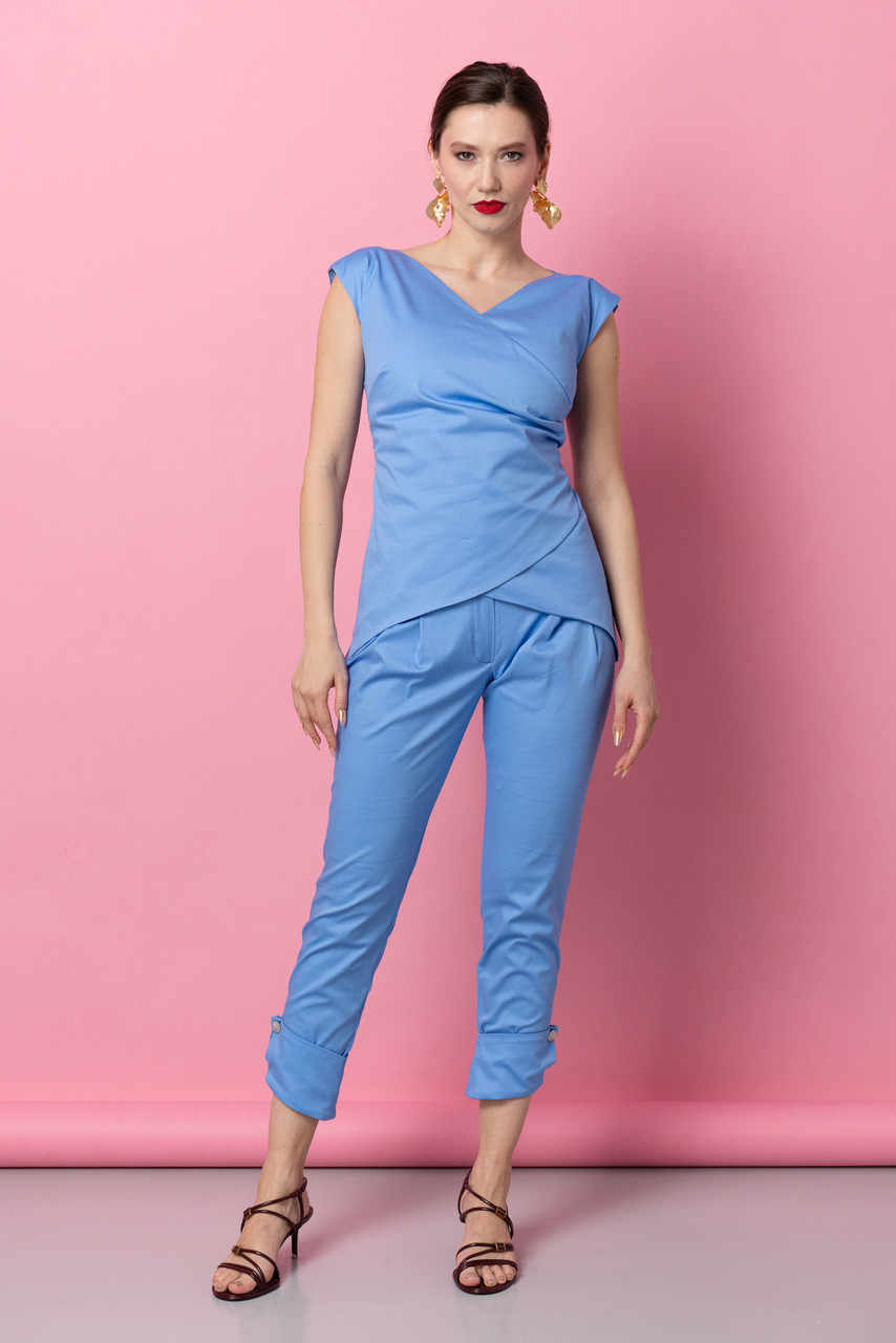 AURELIE Sky-Blue Draped V-Neck Top
