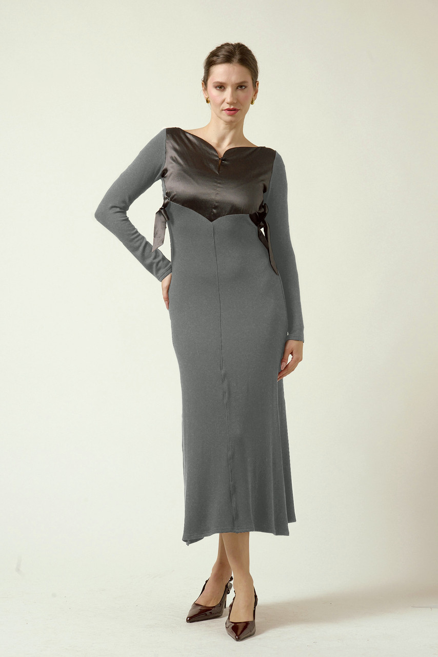 LAYLA Bamboo Knit Midi Dress with Silk‑Blend Bodice in Grey