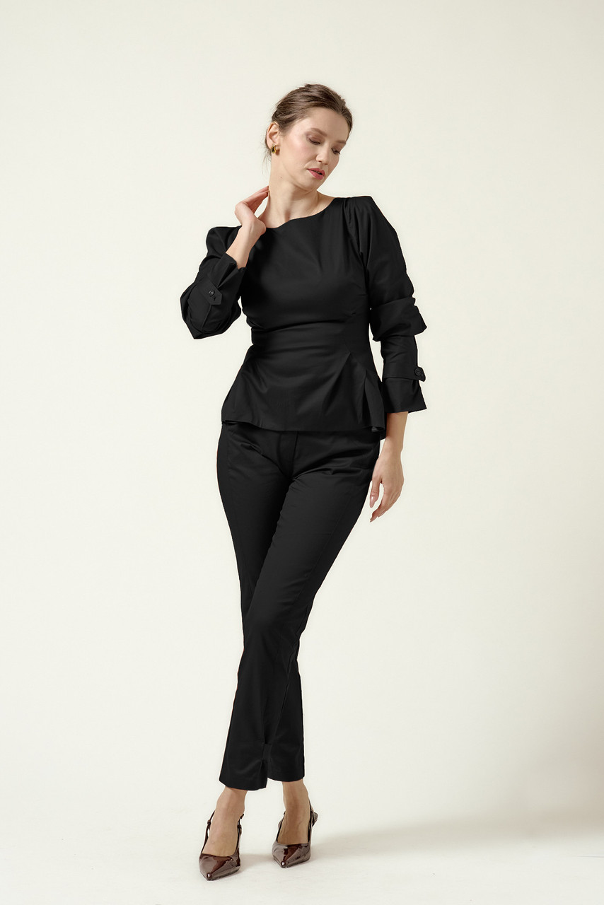 VESPER Black Sculpted Top with Elegant Structured Sleeves in Stretch Cotton
