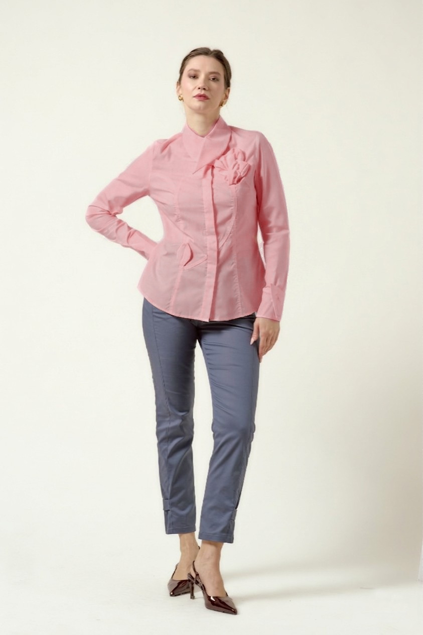ARCADIA BLOOM Pink Poplin Shirt with Overlapping Collar and Cuffs 