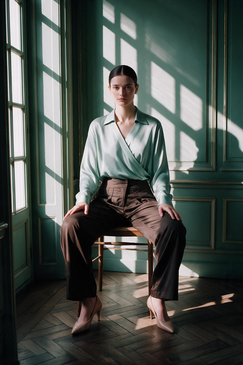 ALMA Draped Viscose-Blend Wrap Blouse in Mint