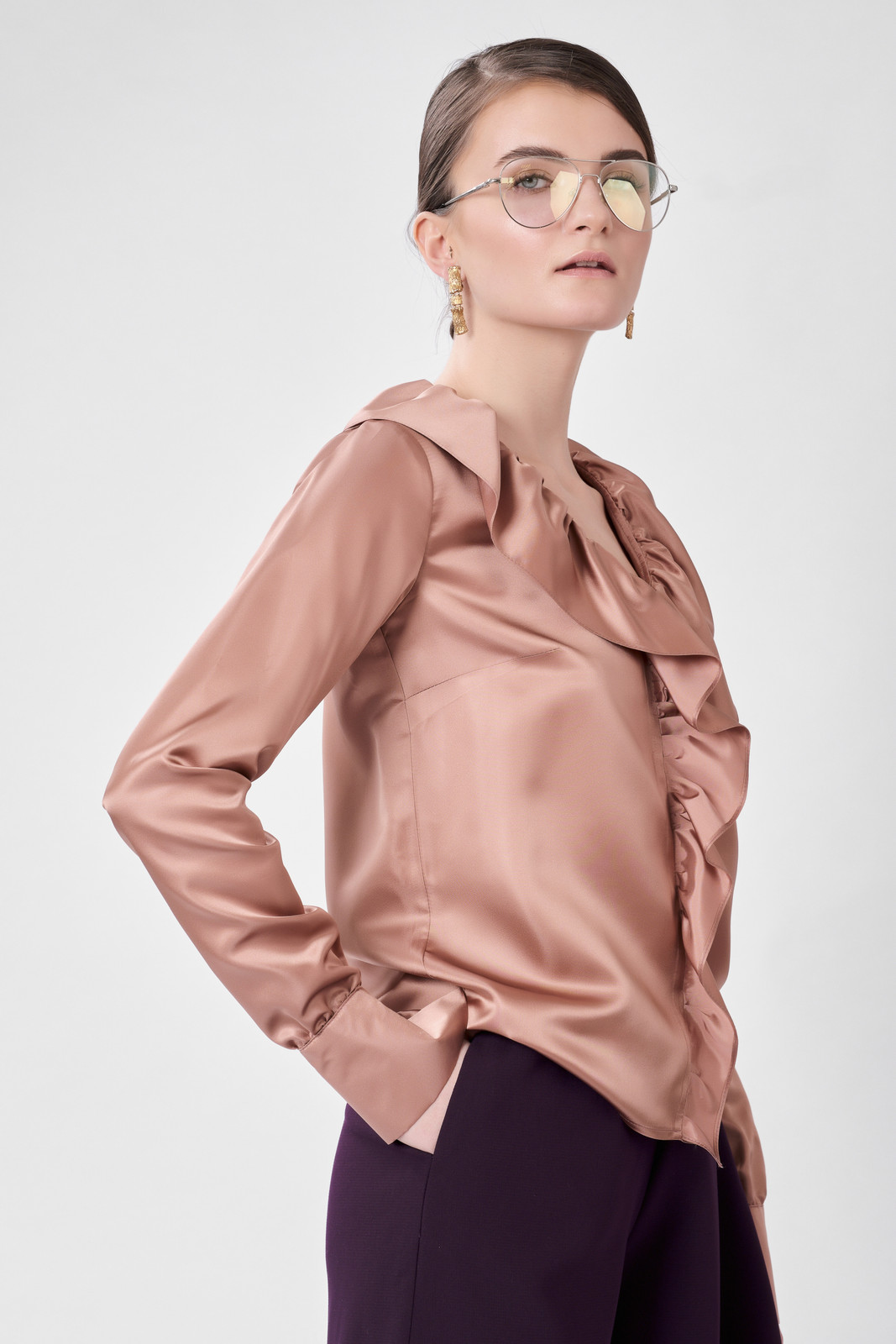 Round Shirt (Silk Blend Shirt with Front Ruffles)