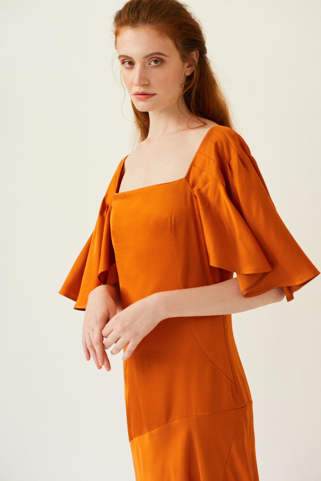 PHOENIX Orange Midi Dress with Pleated Sleeves