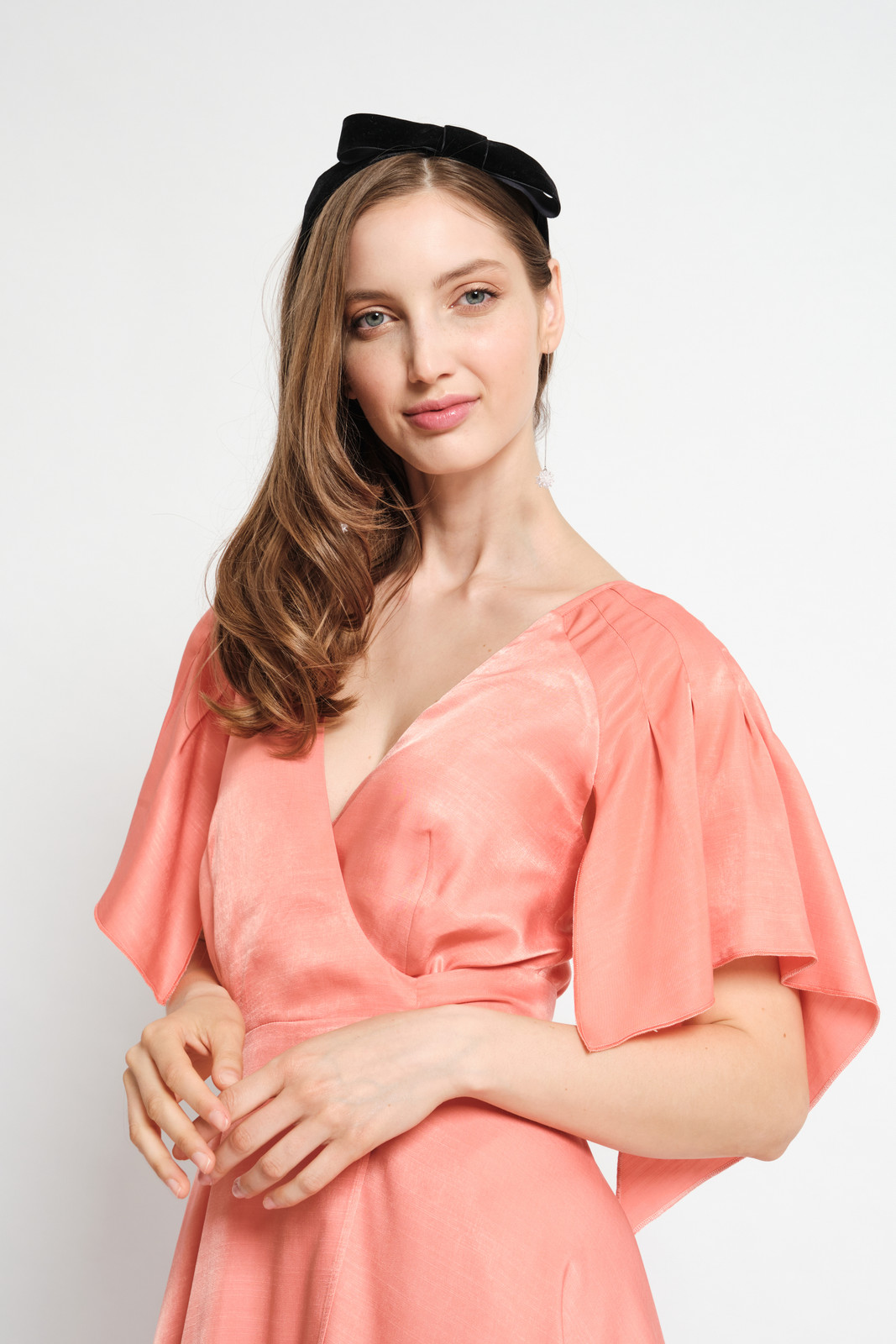 UTOPIA Light-Coral Maxi Wrap Dress with Pleated Sleeves