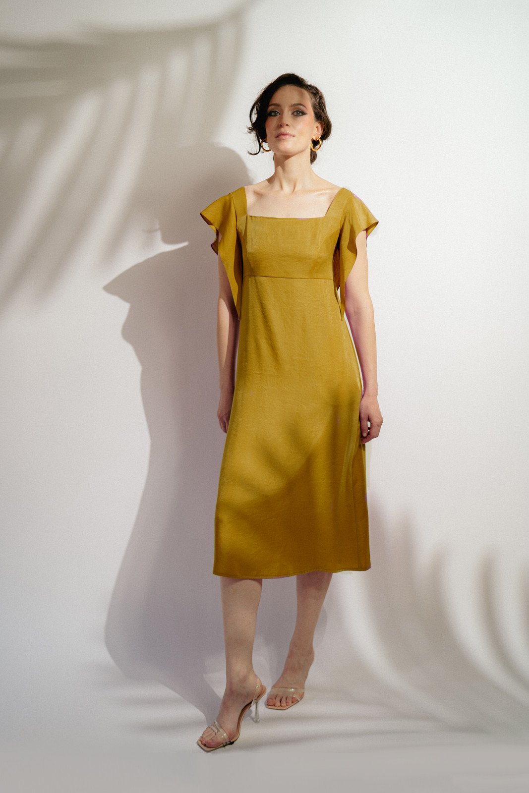 CASSIS Empire-Waist Midi Dress with Adjustable Straps in Dark-Yellow