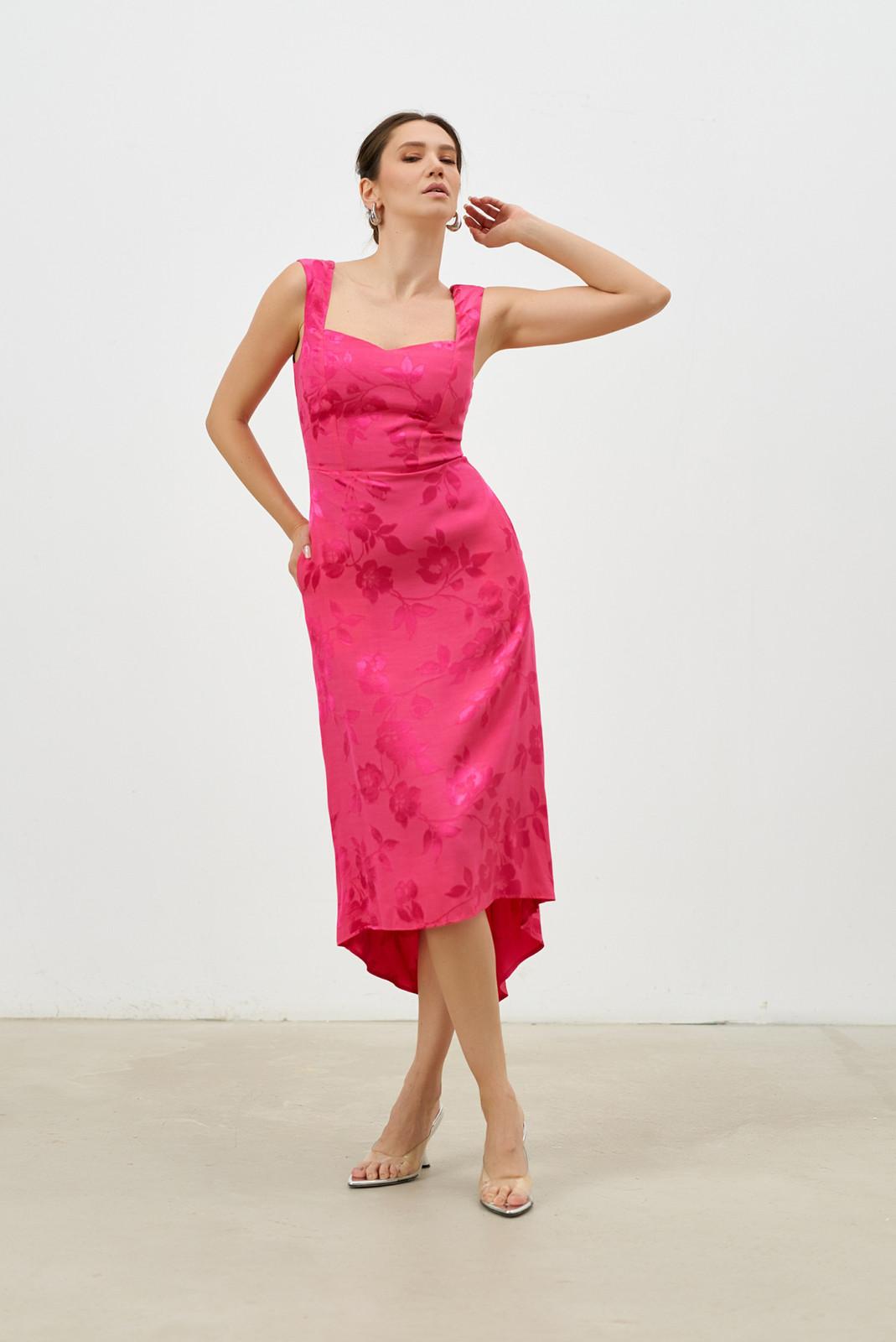 Spread-Your-Wings Asymmetric Midi Dress in Watermelon