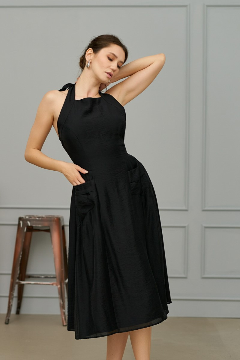 BELLE-VIE Halter Midi Dress in Black