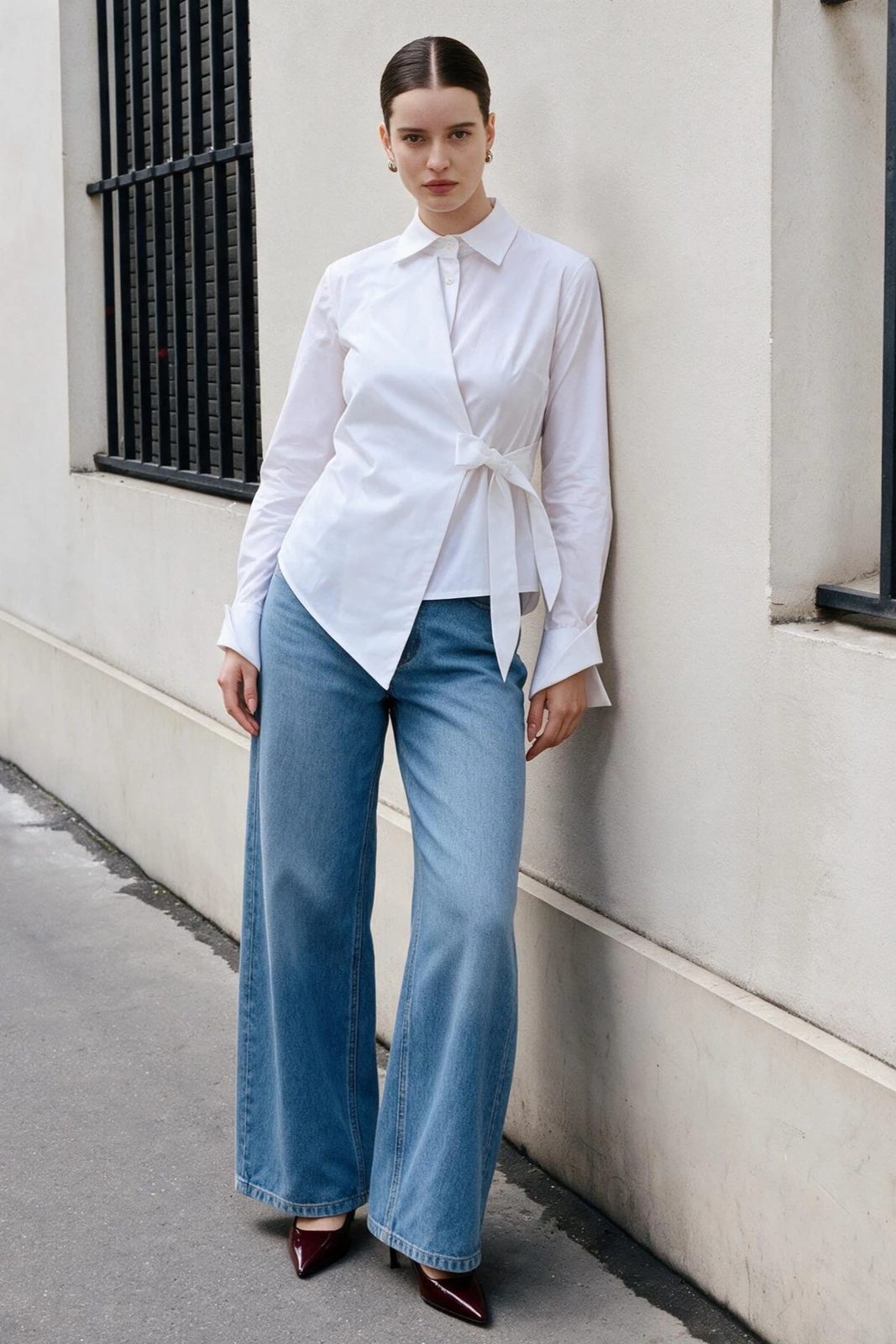 FEARLESS Asymmetric Poplin Shirt with Waist Tie in White