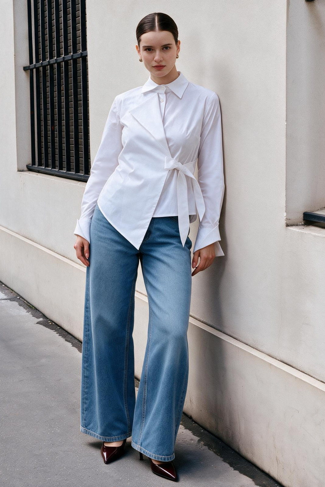 FEARLESS Asymmetric Poplin Shirt with Waist Tie in White