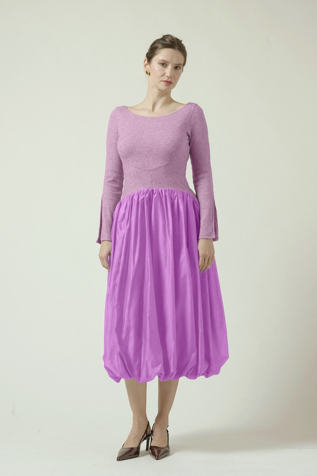 LILIAN Midi Dress with Gathered Voile Skirt in Lilac