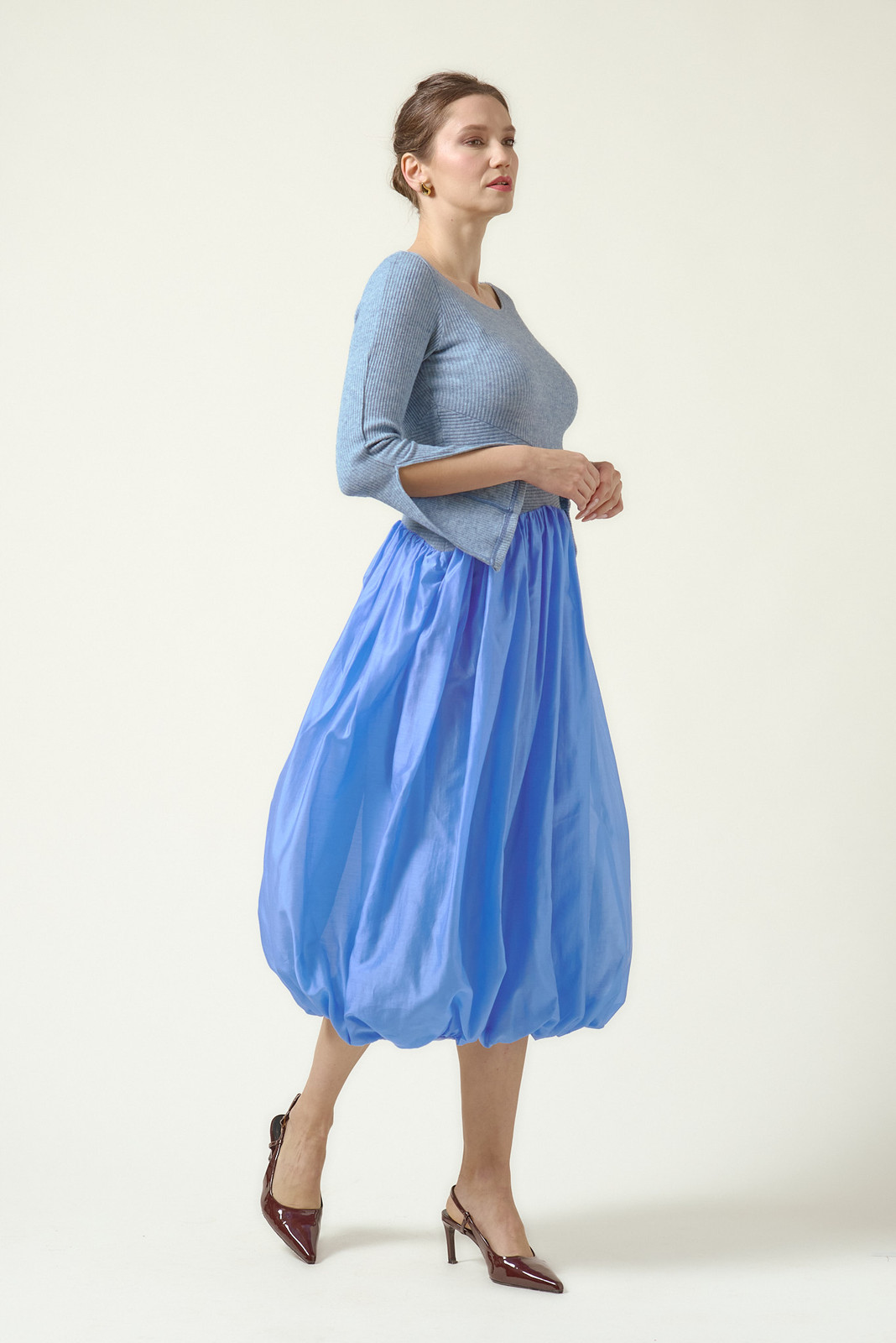 LILIAN Midi Dress with Gathered Voile Skirt in Ciel