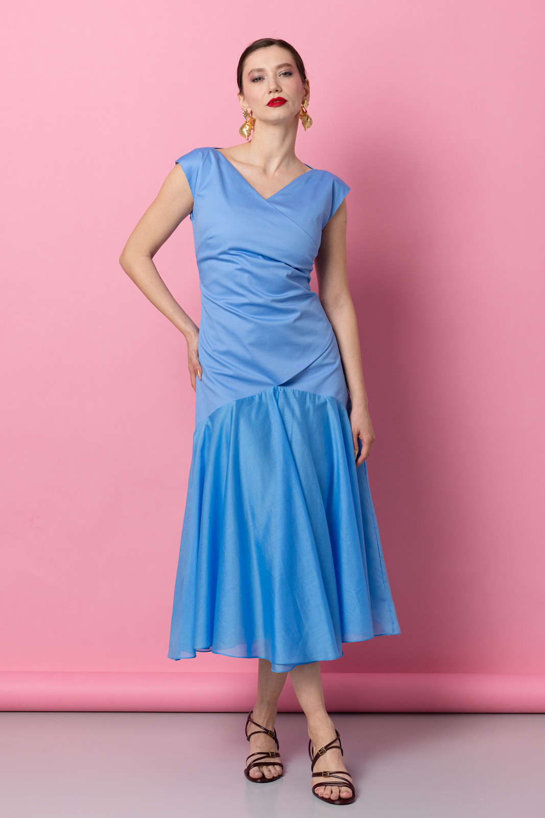 AURELIE Midi Dress in Ciel – Sleeveless Summer Cocktail Dress in Cotton and Lyocell Voile