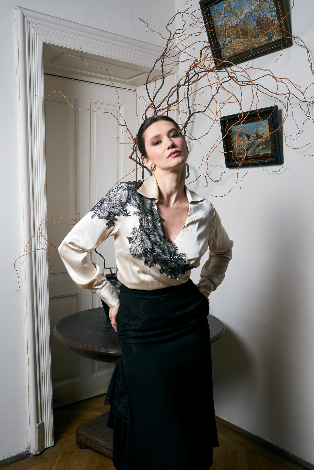 ALMA FILIGRAN Draped Viscose-Blend Wrap Blouse with Black Lace Appliqué