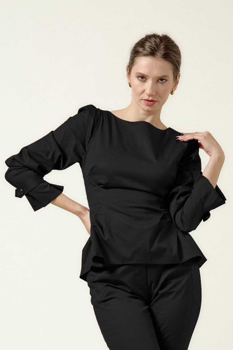 VESPER Black Sculpted Top with Elegant Structured Sleeves in Stretch Cotton