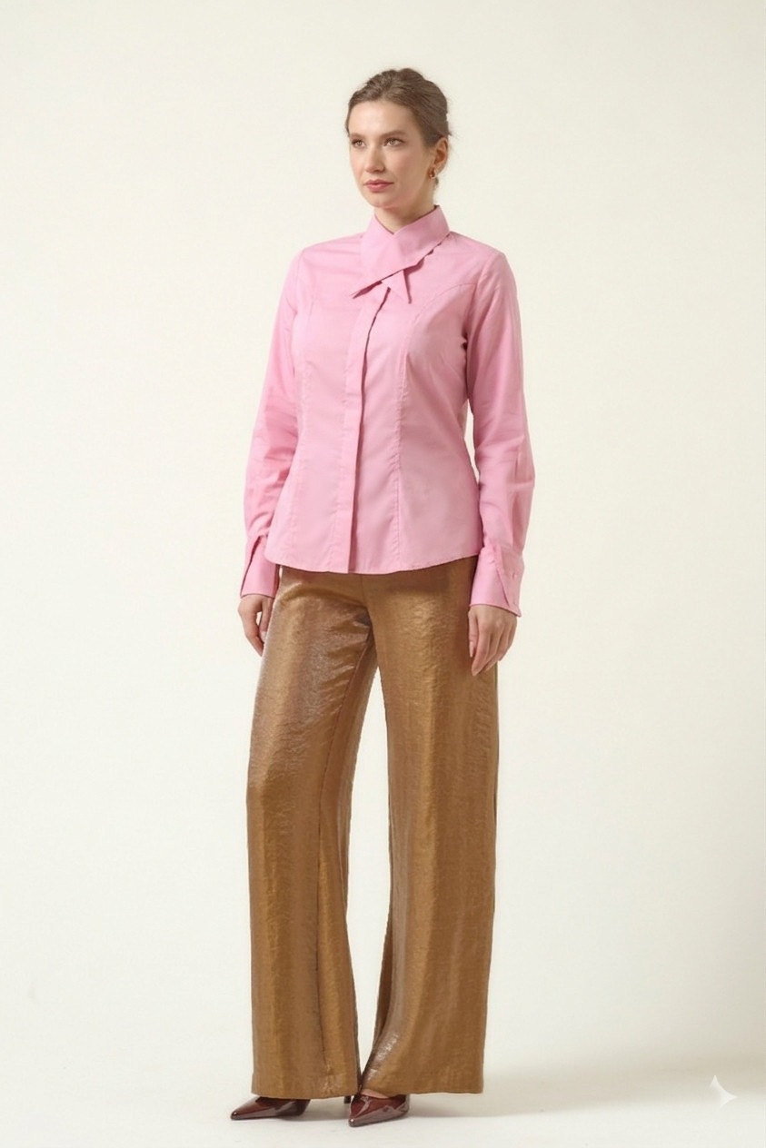 ARCADIA Pink Poplin Shirt with Overlapping Collar and Cuffs 