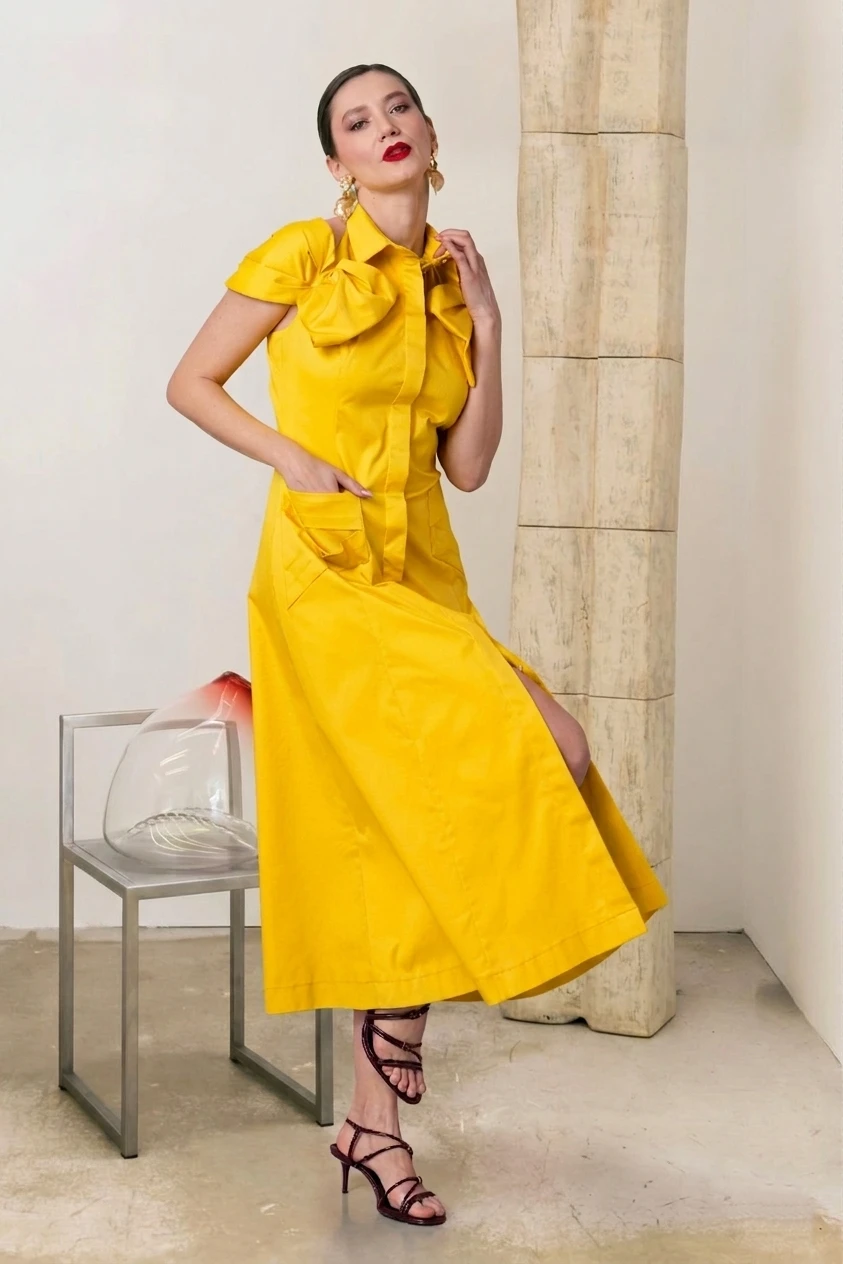 EUPHORIA Sculpted Bow Midi Dress in Yellow