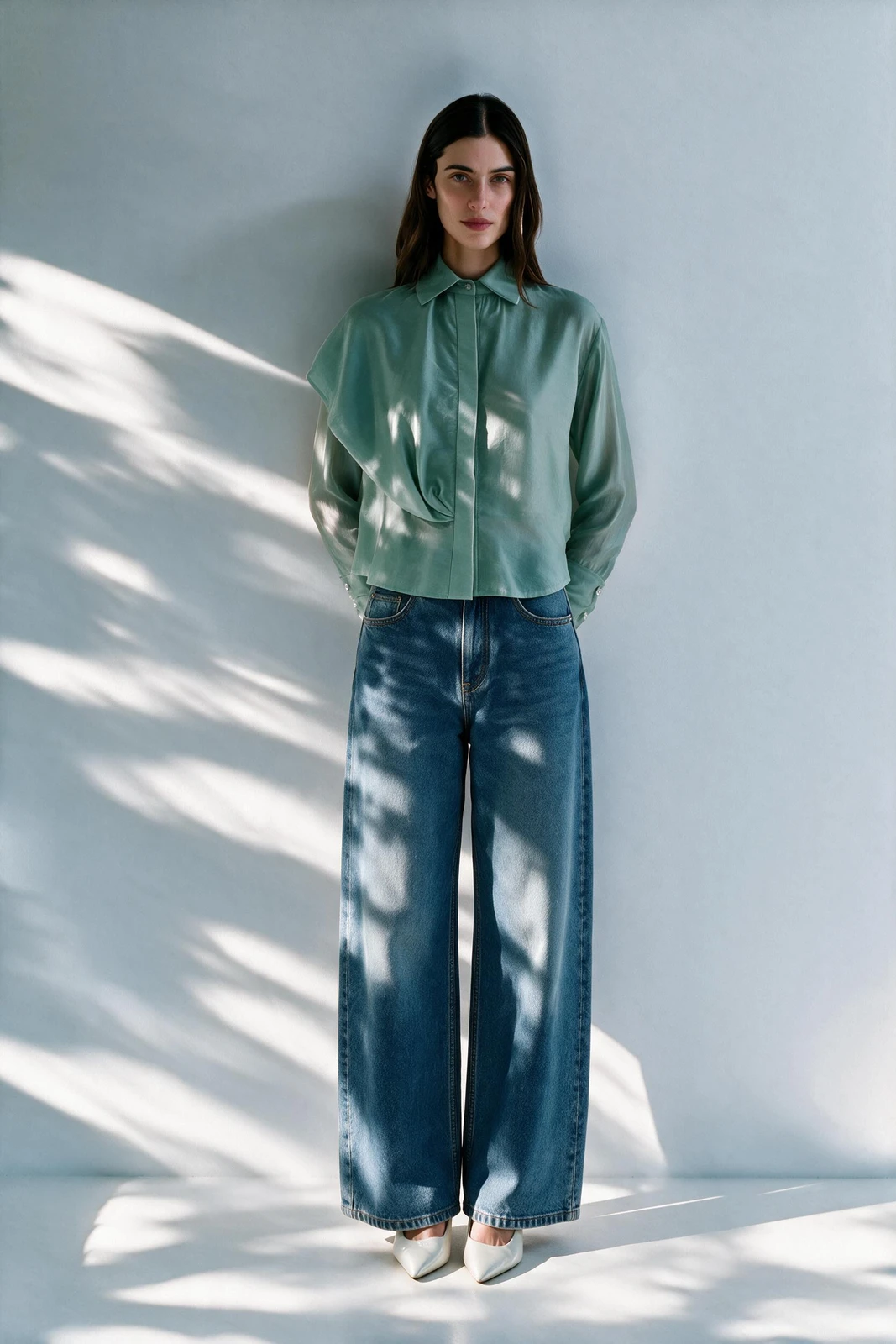 Petal Voile Shirt with Asymmetric Front in Sage-Green